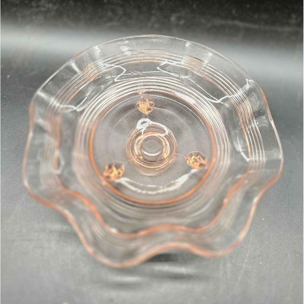 Anchor Hocking Pink Depression Glass 3 Footed Banded Ruffled Candy Dish 7"